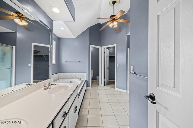3826 W Randall St, Battlefield, MO 65619 - full bathroom featuring ceiling fan, tile patterned flooring, toilet, a sink, and double vanity