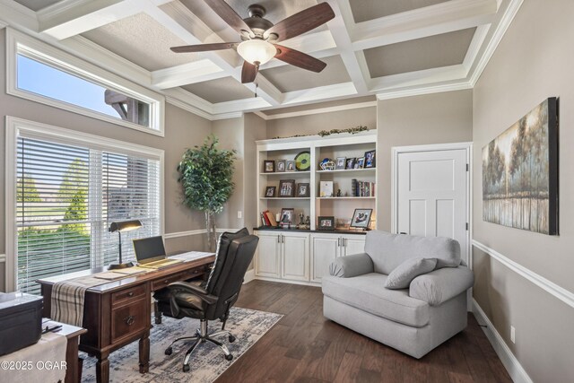 1624 Liam St, Carthage, MO 64836 - office area with crown molding, ceiling fan, dark wood-type flooring, coffered ceiling, and beam ceiling