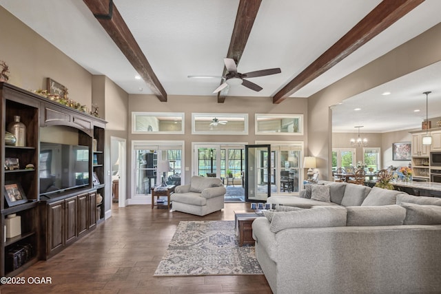 1624 Liam St, Carthage, MO 64836 - living room featuring beam ceiling, dark wood finished floors, recessed lighting, and ceiling fan with notable chandelier