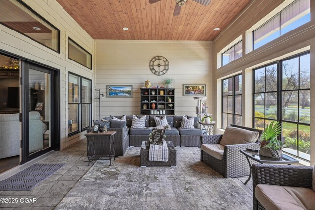 1624 Liam St, Carthage, MO 64836 - sunroom / solarium featuring outdoor lounge area, wood ceiling, a ceiling fan, and recessed lighting