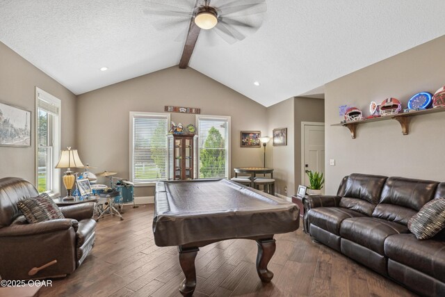 1624 Liam St, Carthage, MO 64836 - playroom with pool table, recessed lighting, a ceiling fan, hardwood / wood-style flooring, and vaulted ceiling with beams