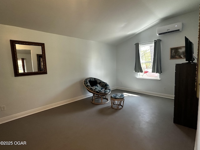 unfurnished room with concrete floors, a wall mounted air conditioner, baseboards, and lofted ceiling