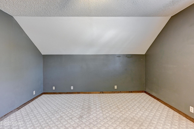 additional living space featuring a textured ceiling, baseboards, and carpet