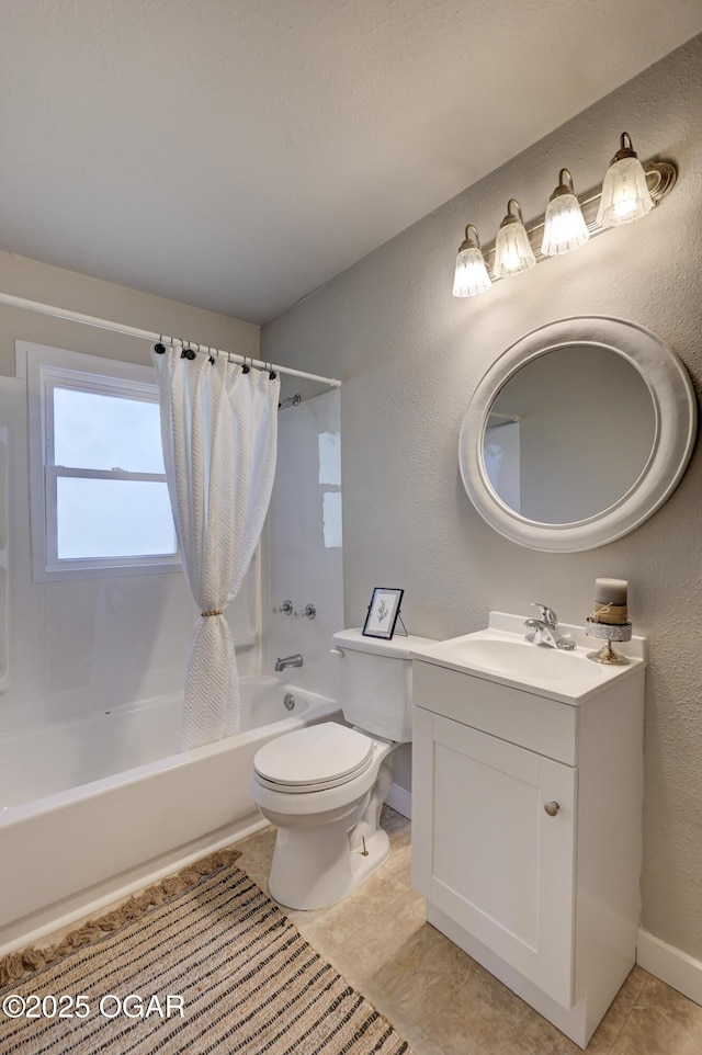full bath with toilet, shower / bathtub combination with curtain, vanity, and a textured wall