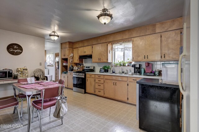 kitchen featuring light floors, appliances with stainless steel finishes, under cabinet range hood, a sink, and light countertops