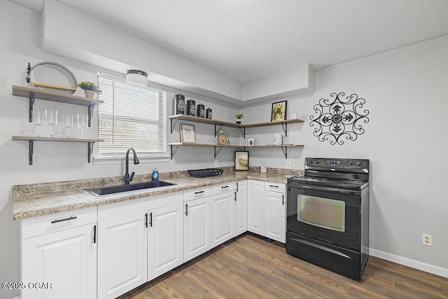 kitchen with electric range, dark wood finished floors, a sink, and open shelves