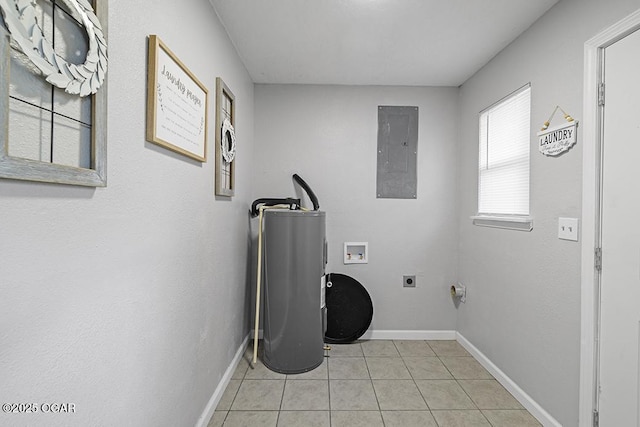 laundry room with light tile patterned floors, electric panel, laundry area, electric dryer hookup, and hookup for a washing machine