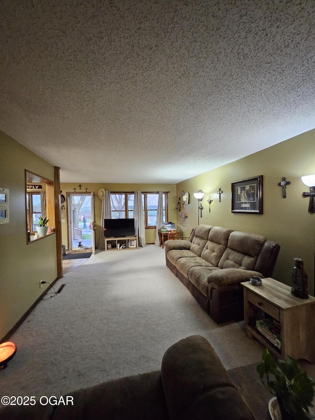 carpeted living room with a textured ceiling