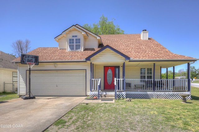 2706 E 26th St, Joplin, MO 64804 - view of front facade featuring a garage, covered porch, a front lawn, a shingled roof, and concrete driveway