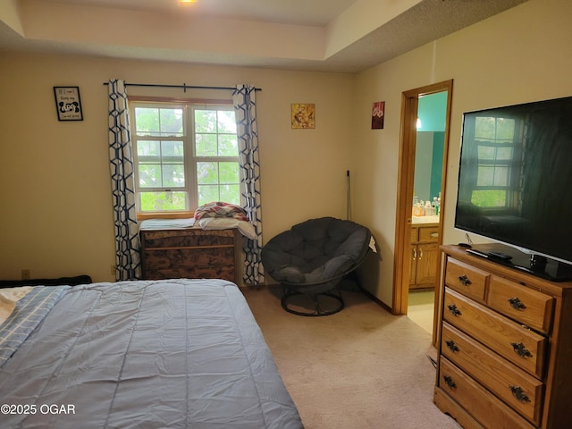 2706 E 26th St, Joplin, MO 64804 - bedroom with a tray ceiling, light colored carpet, and connected bathroom