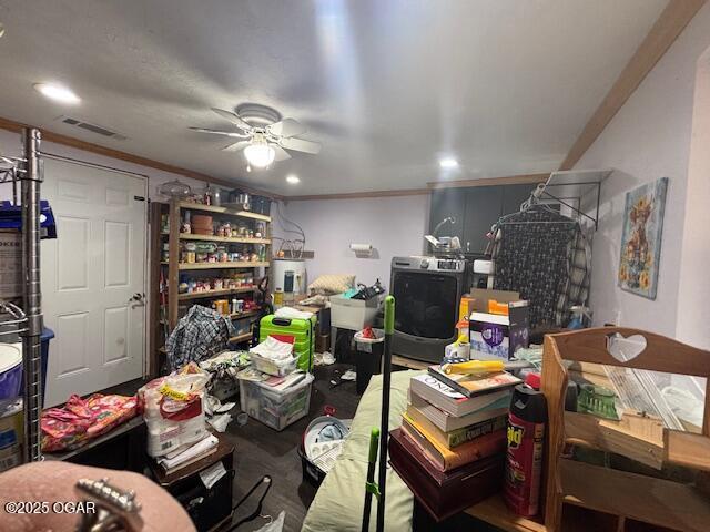 241 SE 40th Rd, Lamar, MO 64759 - office space with visible vents, a ceiling fan, and ornamental molding