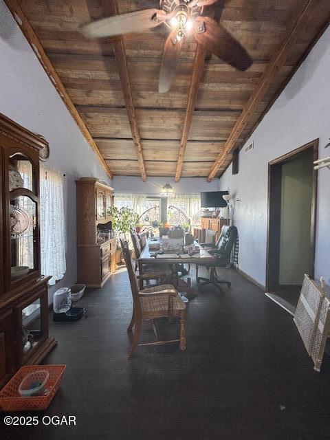 241 SE 40th Rd, Lamar, MO 64759 - dining room featuring wooden ceiling, a ceiling fan, beam ceiling, and high vaulted ceiling