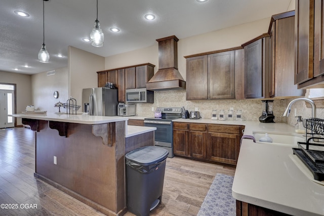 kitchen with appliances with stainless steel finishes, custom range hood, a sink, light wood finished floors, and backsplash