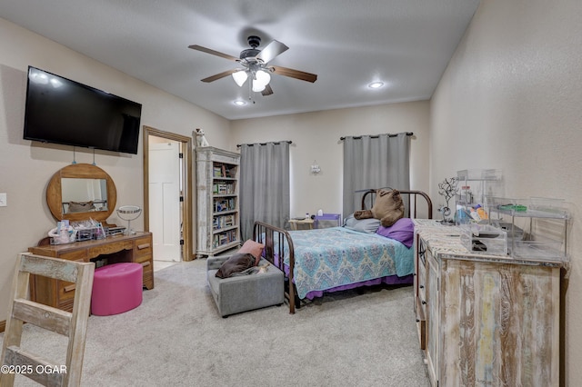bedroom featuring carpet flooring, a ceiling fan, and recessed lighting