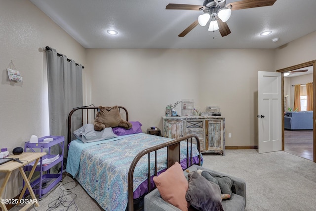 bedroom featuring carpet flooring, baseboards, a ceiling fan, and recessed lighting