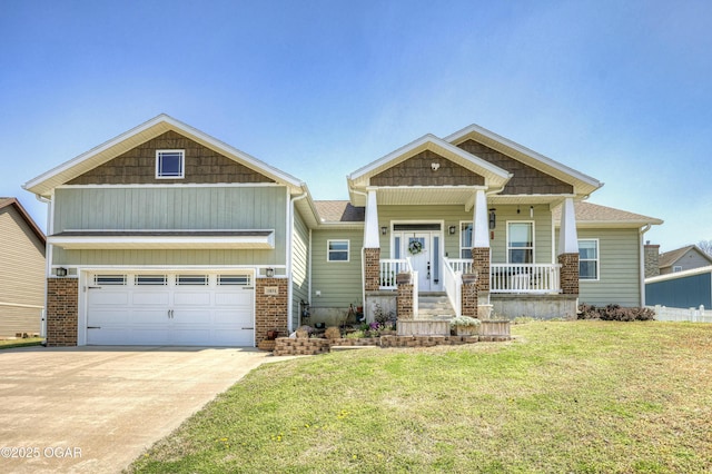 craftsman house with an attached garage, covered porch, concrete driveway, and a front lawn