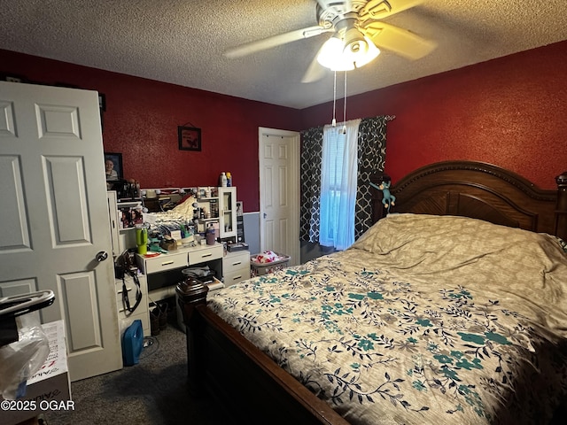 2027 P St SW, Miami, OK 74354 - bedroom with dark carpet, a textured ceiling, and a ceiling fan
