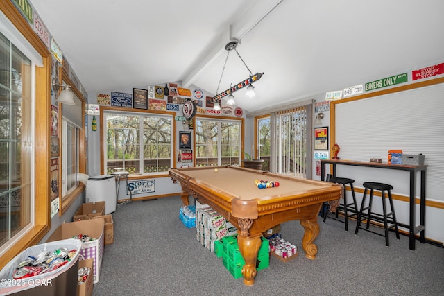 rec room featuring pool table, carpet flooring, lofted ceiling with beams, and baseboards
