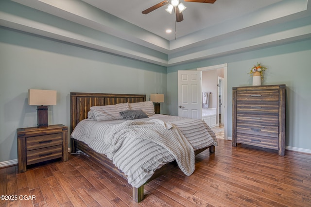 bedroom featuring wood-type flooring, recessed lighting, ceiling fan, and baseboards