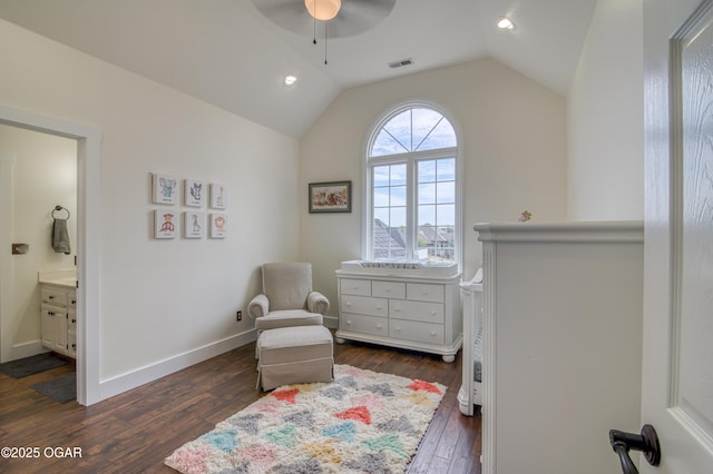 living area featuring lofted ceiling, visible vents, dark wood-style flooring, recessed lighting, and a ceiling fan
