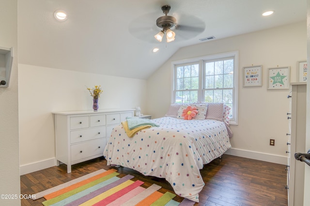 bedroom featuring lofted ceiling, visible vents, dark wood-style floors, baseboards, and recessed lighting
