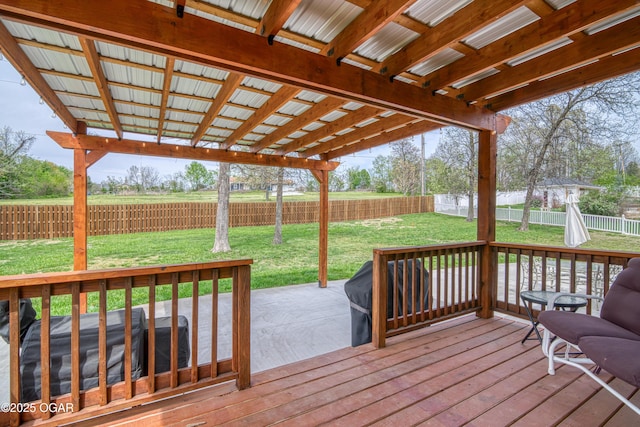 deck with a yard and a fenced backyard