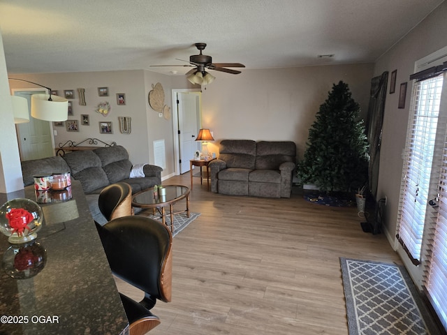 2798 Neosho Heights Ave, Neosho, MO 64850 - living area featuring light wood-style floors, visible vents, a ceiling fan, and a textured ceiling