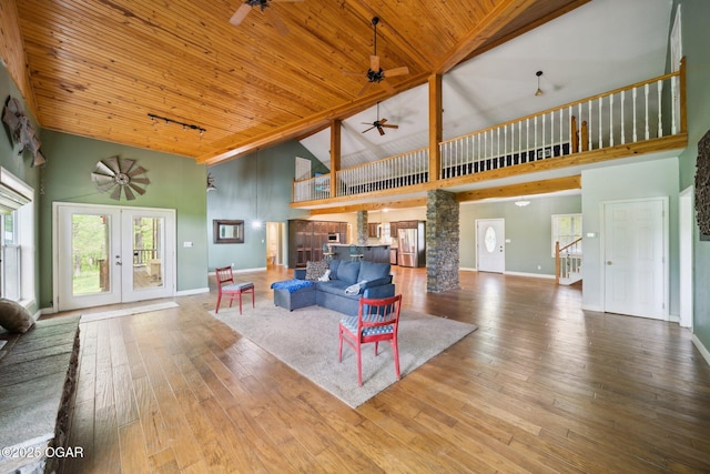 24336 S Hilltop Dr, Afton, OK 74331 - living area featuring a ceiling fan, hardwood / wood-style floors, high vaulted ceiling, and wooden ceiling