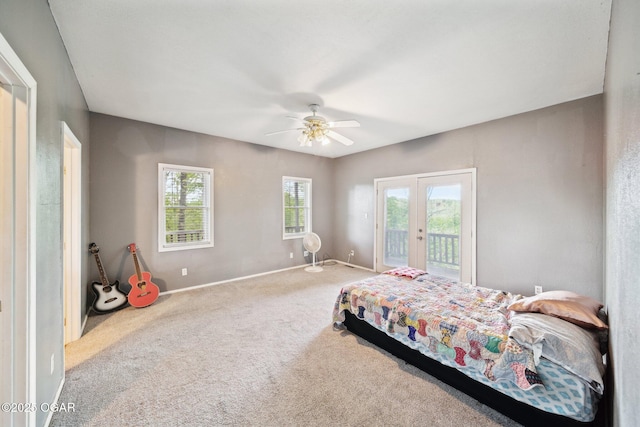 24336 S Hilltop Dr, Afton, OK 74331 - carpeted bedroom featuring french doors, baseboards, ceiling fan, and access to outside