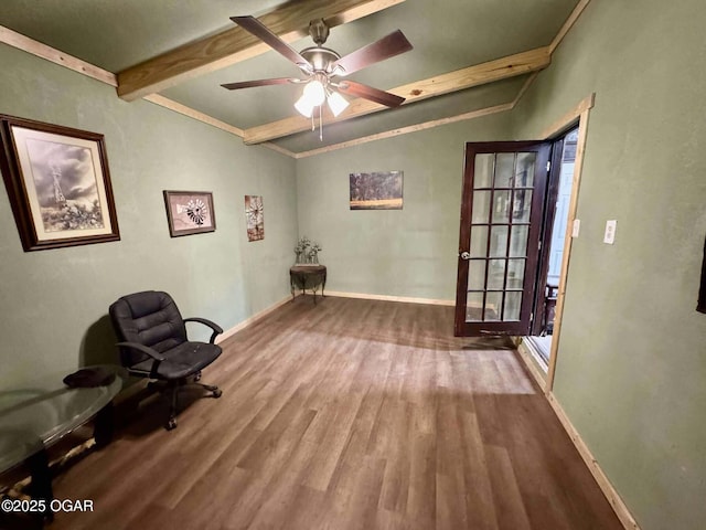 24336 S Hilltop Dr, Afton, OK 74331 - living area with baseboards, vaulted ceiling with beams, a ceiling fan, and wood finished floors