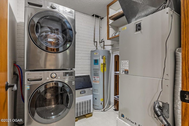21425 Black Oak Dr, Garfield, AR 72732 - laundry room featuring stacked washer / dryer, electric water heater, heating unit, and a textured ceiling