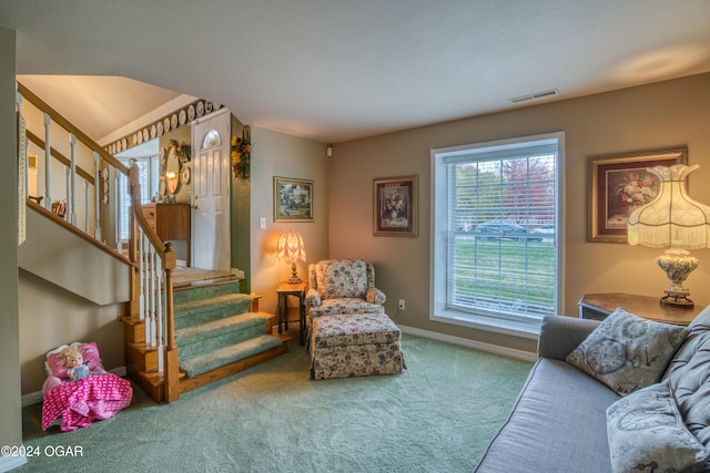 607 S Morgan Ct, Joplin, MO 64801 - living room featuring baseboards, stairs, visible vents, and carpet