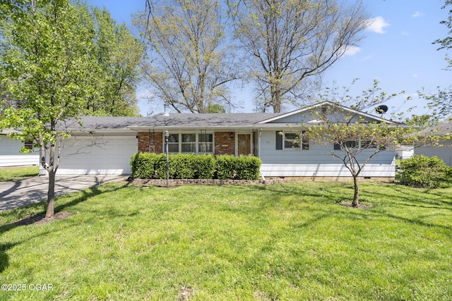 ranch-style house with a front lawn, driveway, brick siding, and a garage