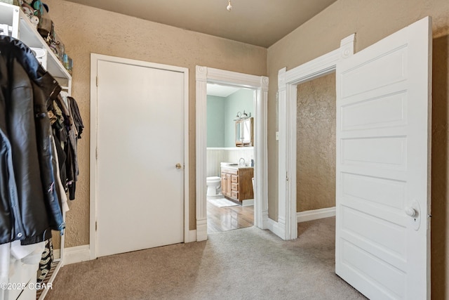 interior space with light colored carpet and a sink