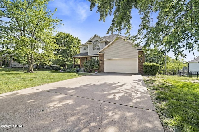 view of front of property featuring driveway, an attached garage, and brick siding