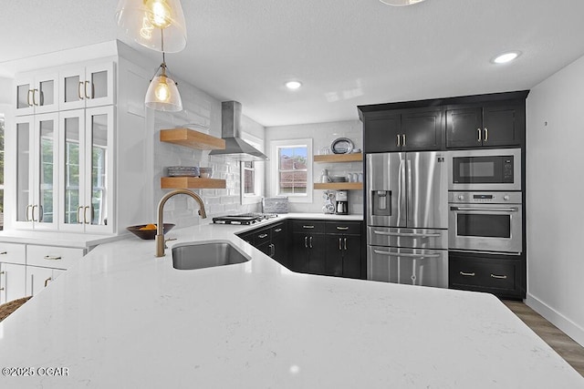 kitchen featuring appliances with stainless steel finishes, open shelves, a sink, ventilation hood, and dark cabinets