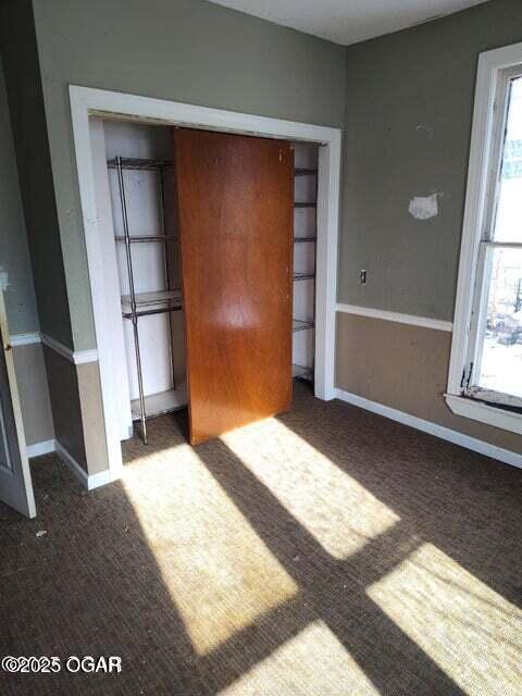 unfurnished bedroom featuring carpet floors, multiple windows, and a closet