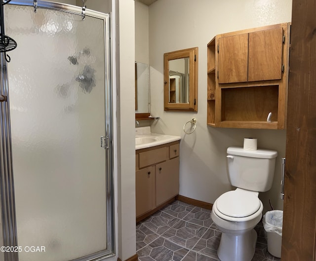 110 E Russell St, Goodman, MO 64843 - full bathroom featuring toilet, baseboards, a shower stall, and vanity