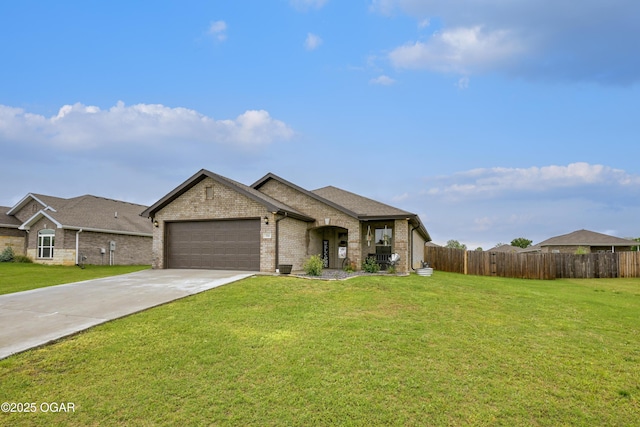 354 Sidney Ln, Webb City, MO 64870 - ranch-style home with fence, an attached garage, brick siding, a front yard, and concrete driveway