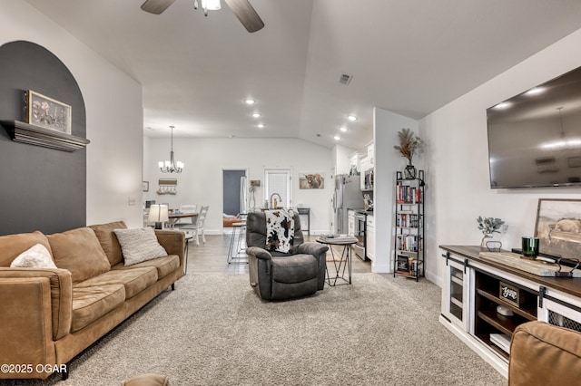 354 Sidney Ln, Webb City, MO 64870 - living area featuring visible vents, ceiling fan with notable chandelier, recessed lighting, baseboards, and vaulted ceiling