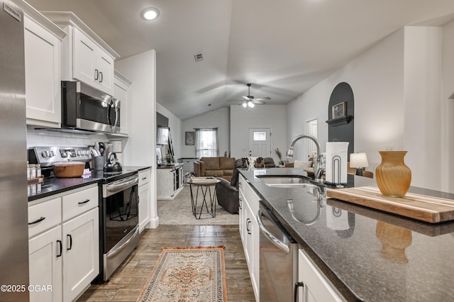 354 Sidney Ln, Webb City, MO 64870 - kitchen with a sink, lofted ceiling, white cabinets, a ceiling fan, and appliances with stainless steel finishes