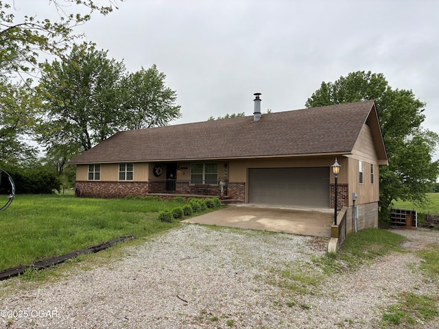 1208 S Blackcat Rd, Joplin, MO 64801 - ranch-style home with a front lawn, covered porch, gravel driveway, a shingled roof, and an attached garage