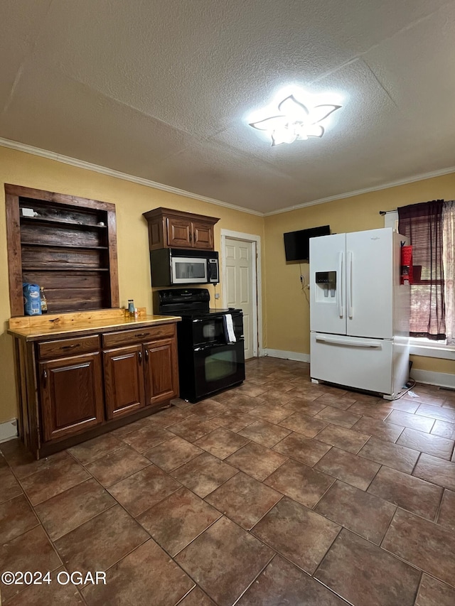 1715 S Kentucky Ave, Joplin, MO 64804 - kitchen with white refrigerator with ice dispenser, electric range, a textured ceiling, baseboards, and ornamental molding