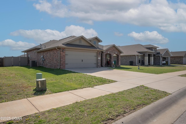 view of front of property featuring brick siding, a garage, central air condition unit, a gate, and concrete driveway