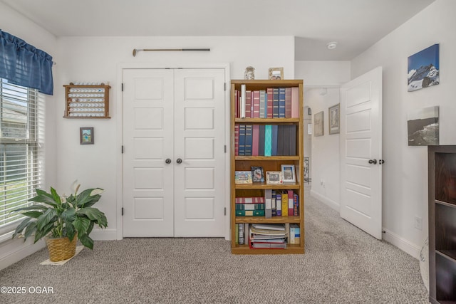 sitting room featuring carpet, healthy amount of natural light, and baseboards