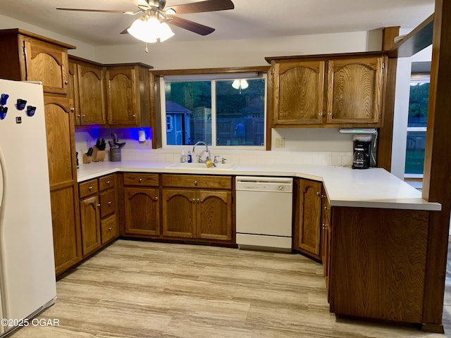 kitchen featuring a ceiling fan, a sink, light countertops, light wood finished floors, and white appliances