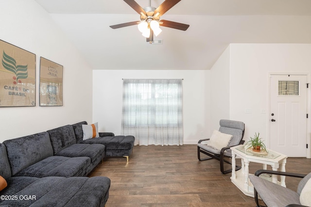 2006 Eagle Dr, Neosho, MO 64850 - living room featuring vaulted ceiling, dark wood-style flooring, and ceiling fan