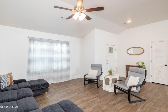 2006 Eagle Dr, Neosho, MO 64850 - living area featuring lofted ceiling, ceiling fan, wood finished floors, and baseboards