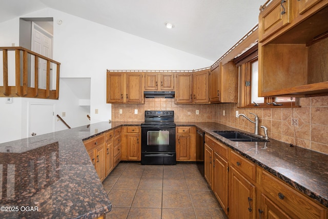 kitchen featuring a sink, decorative backsplash, under cabinet range hood, vaulted ceiling, and black appliances