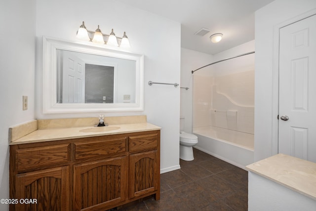 full bath featuring shower / bath combination, visible vents, tile patterned flooring, vanity, and toilet